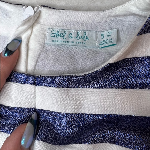 Abel & Lula Girls Striped Metallic Blue and White Summer Dress size 5/ 110 cm - Picture 3 of 6